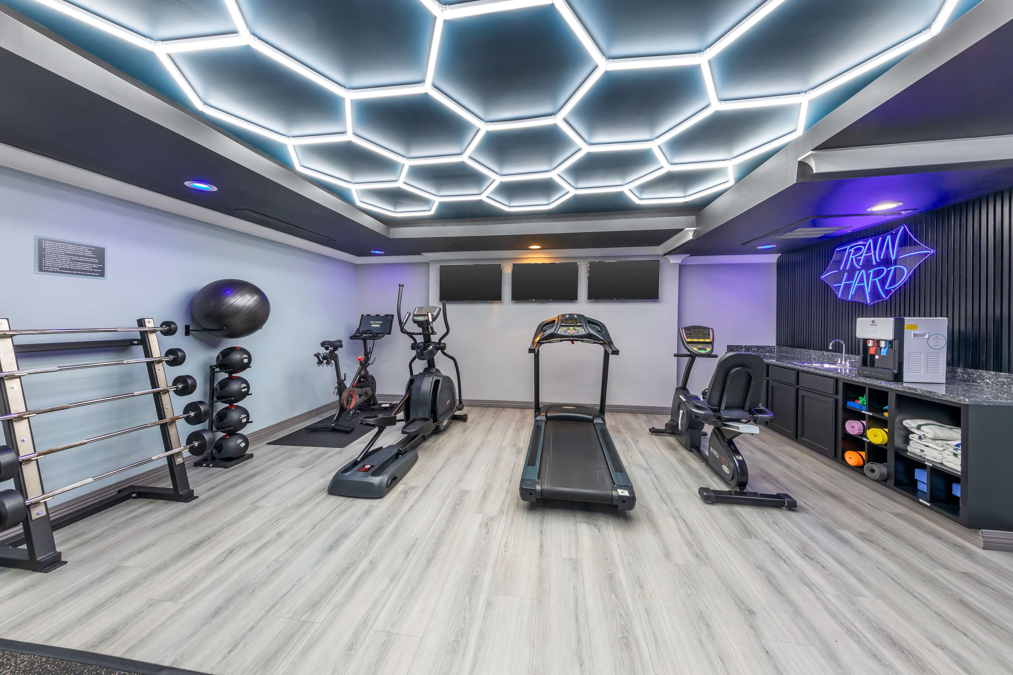 Un gimnasio moderno con cintas de correr, elípticas y una máquina de remo.