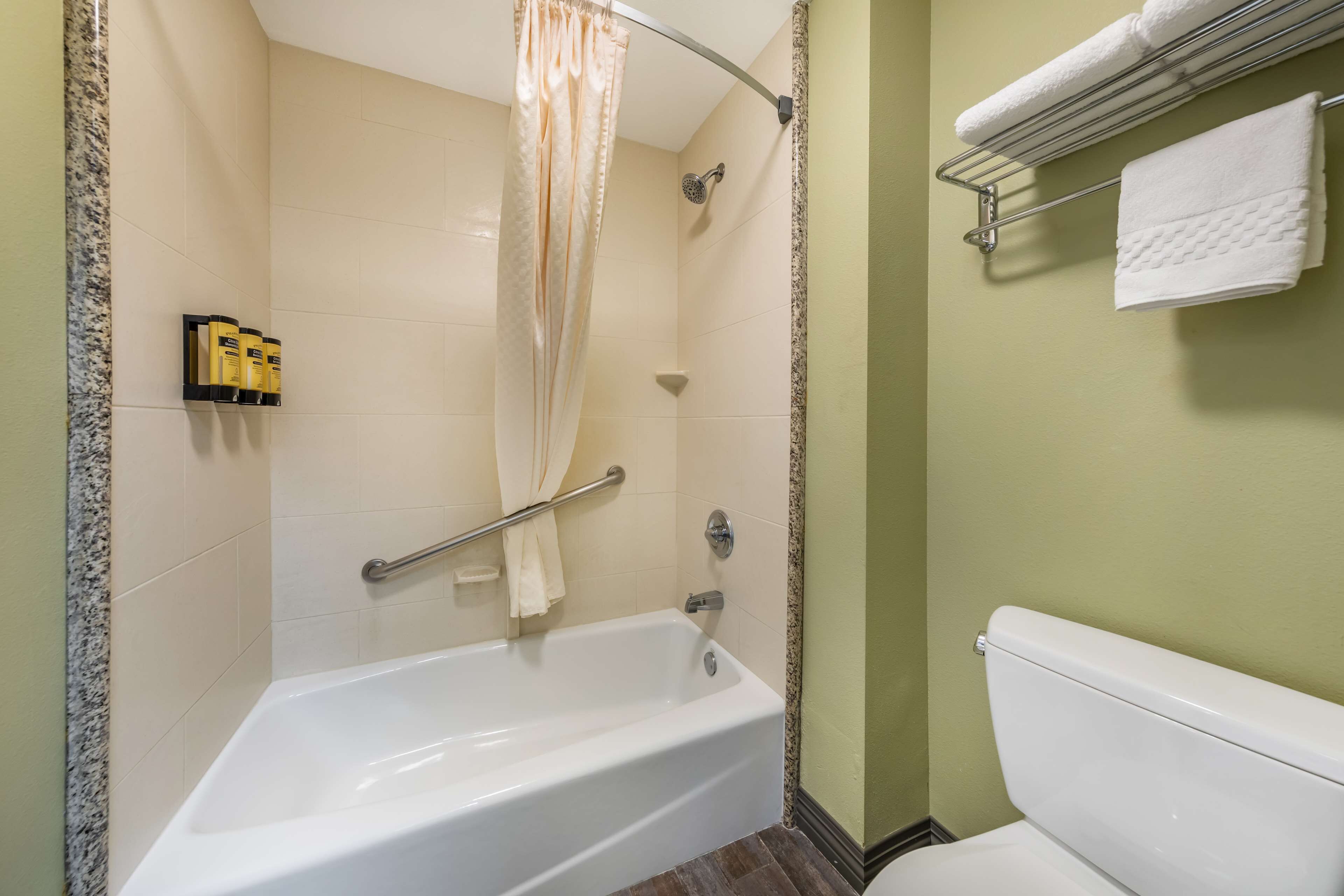 combined shower/bathtub, designer toiletries, hair dryer, towels