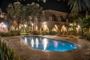 Outdoor pool, pool umbrellas, pool loungers