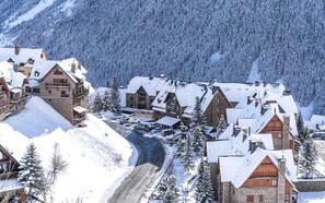 A snow-covered village with traditional wooden buildings, a winding road, and a backdrop of snow-laden trees and mountains. - Hotel Chalet Bassibe (Naut Aran)