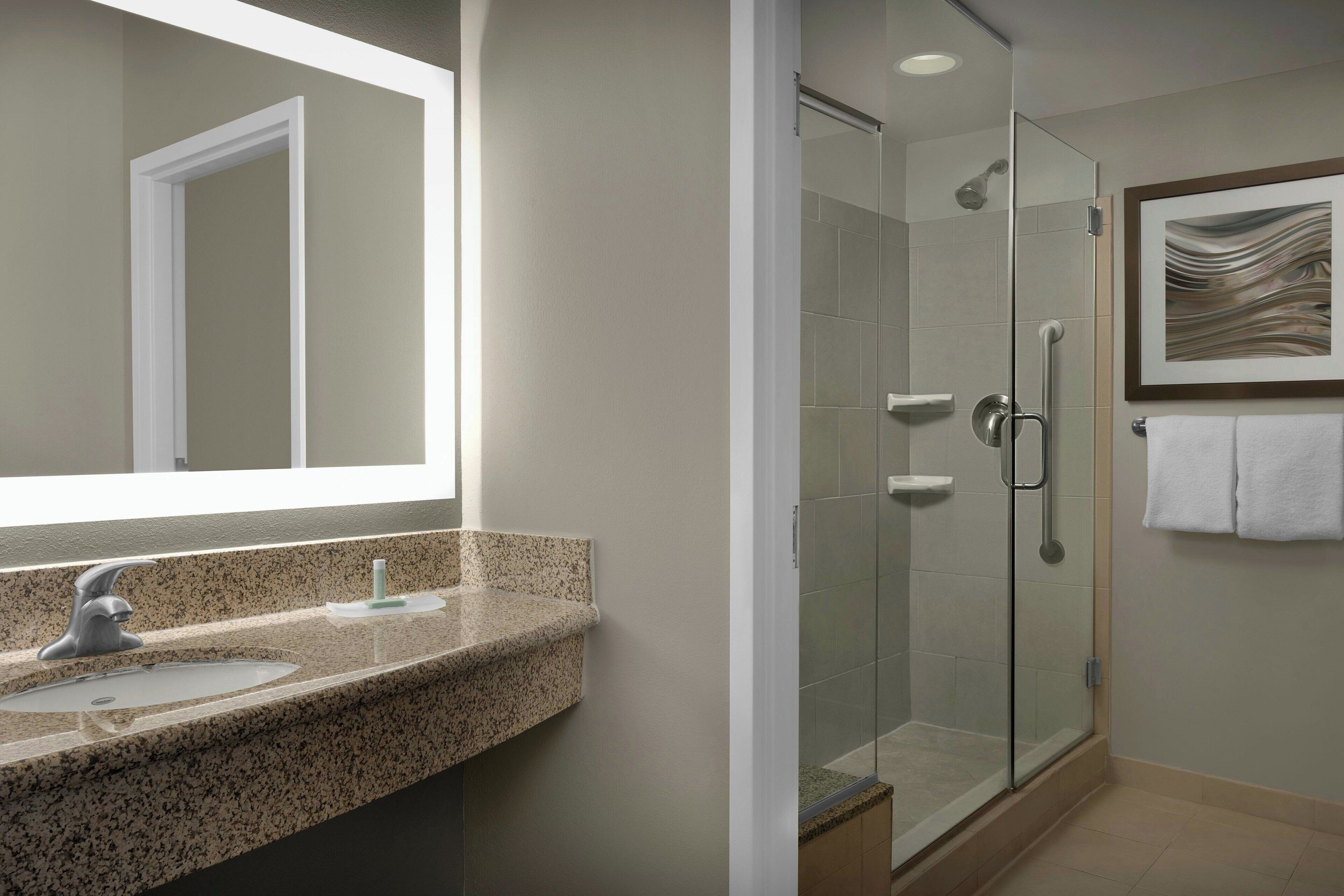 A modern bathroom with a granite countertop sink, a glass shower enclosure, and a framed abstract artwork on the wall.