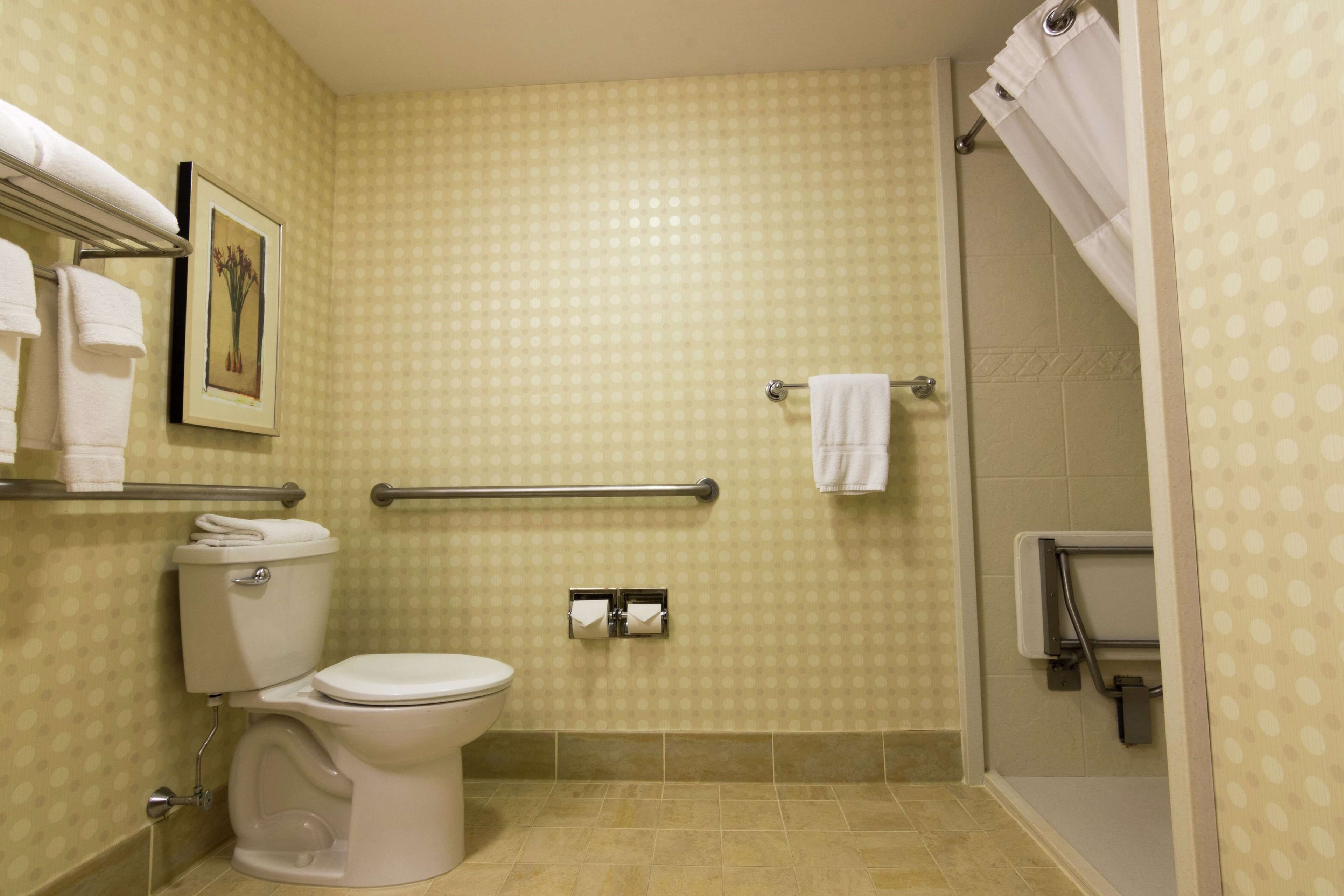 A bathroom with a toilet, a shower, and a towel rack.