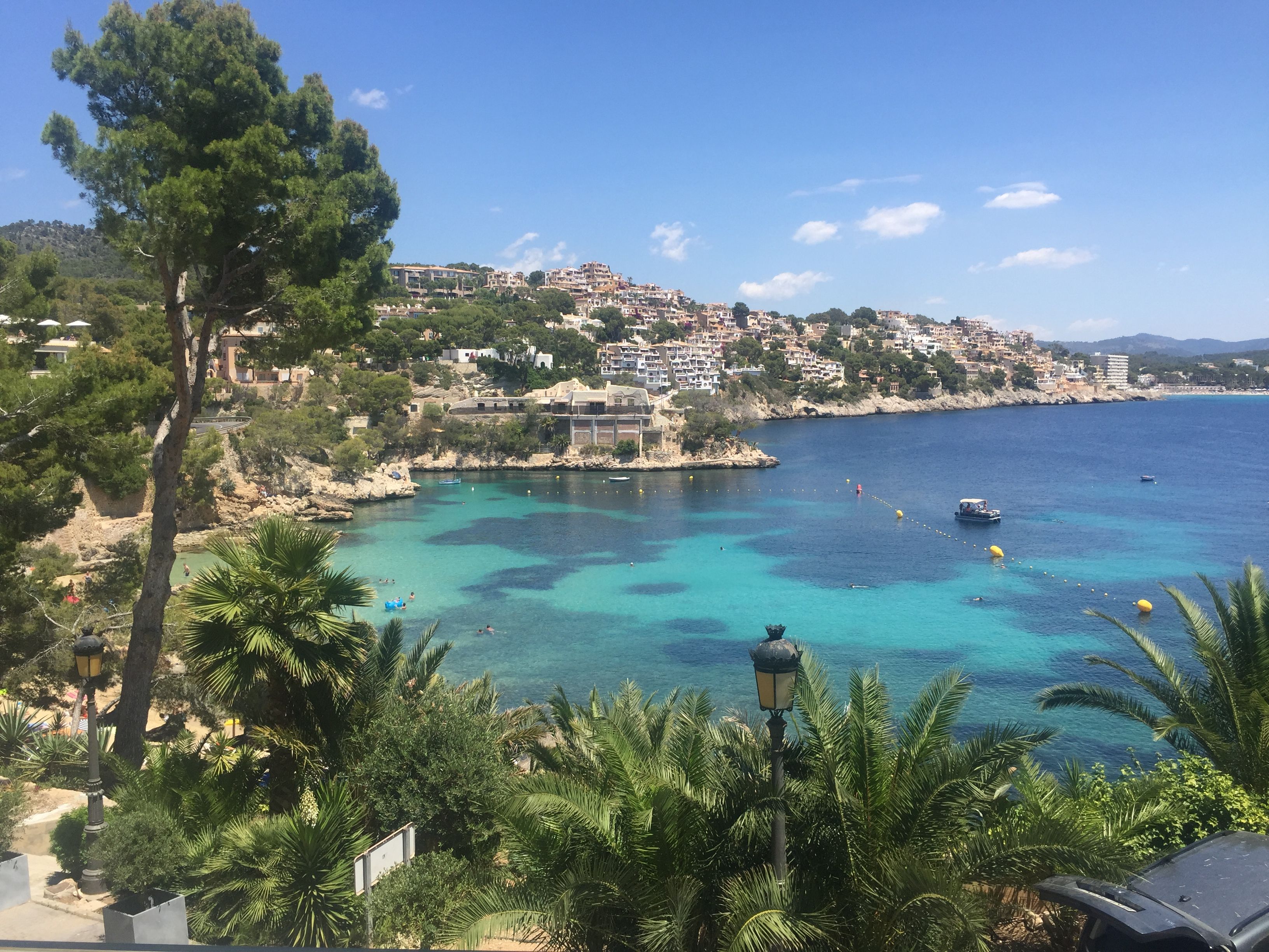 Un pueblo costero con edificios en una ladera, un mar azul cristalino y una playa con palmeras.