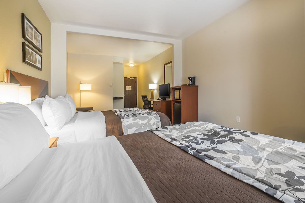 A hotel room with two beds, a desk, a chair, a lamp, and a television.