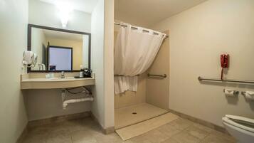 A bathroom with a shower, toilet, sink, and a mirror.