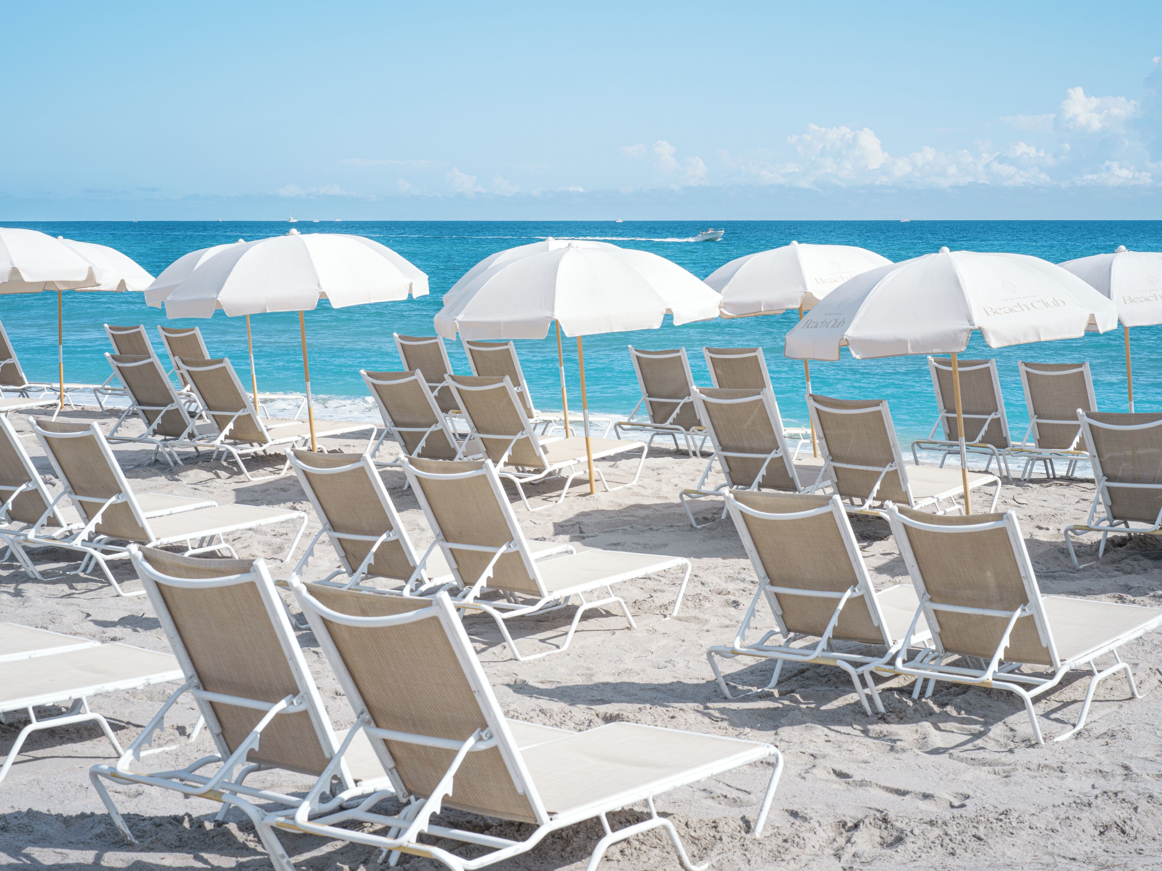 A beach with rows of white sun loungers and white umbrellas, arranged in a neat pattern.