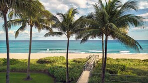 A beach with palm trees, a pathway leading to a staircase, and the ocean in the background. - Beach Club at The Boca Raton (Boca Raton)