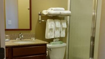 A bathroom with a toilet, sink, and shower.