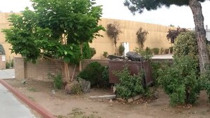 A residential area with a paved sidewalk, a fence, and various trees. - Mountain View Motel (Bishop)