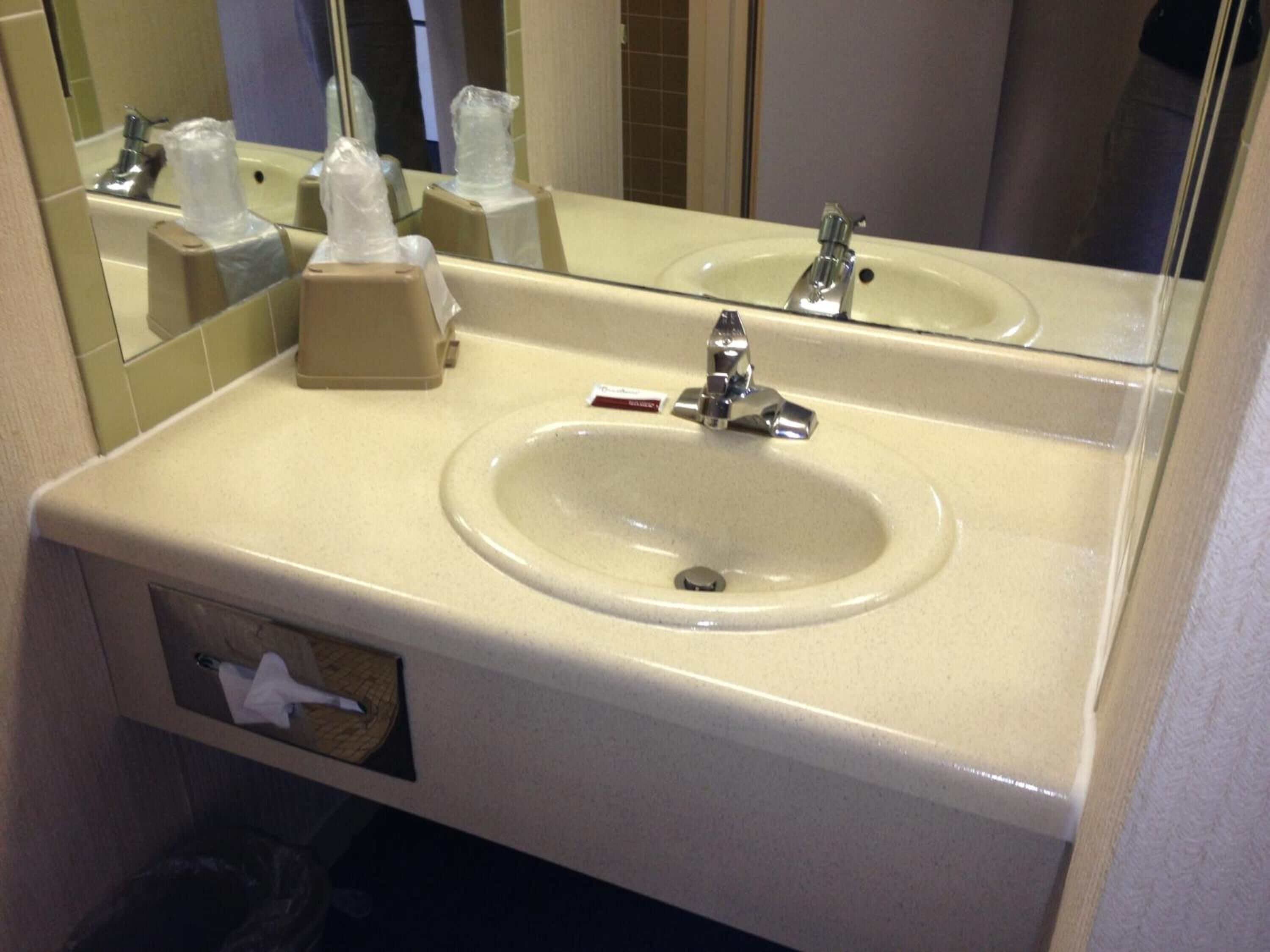 Une salle de bain avec un lavabo beige, un miroir et un distributeur de mouchoirs.