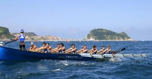 Uma equipe de remo em um barco azul na água, com uma paisagem costeira ao fundo.