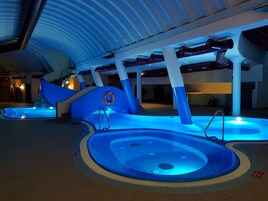 Indoor pool, open 9:00 AM to 9:00 PM, sun loungers