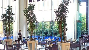 A spacious indoor dining area with checkered flooring, large windows, and tall potted plants. - Radisson Noida (Noida)