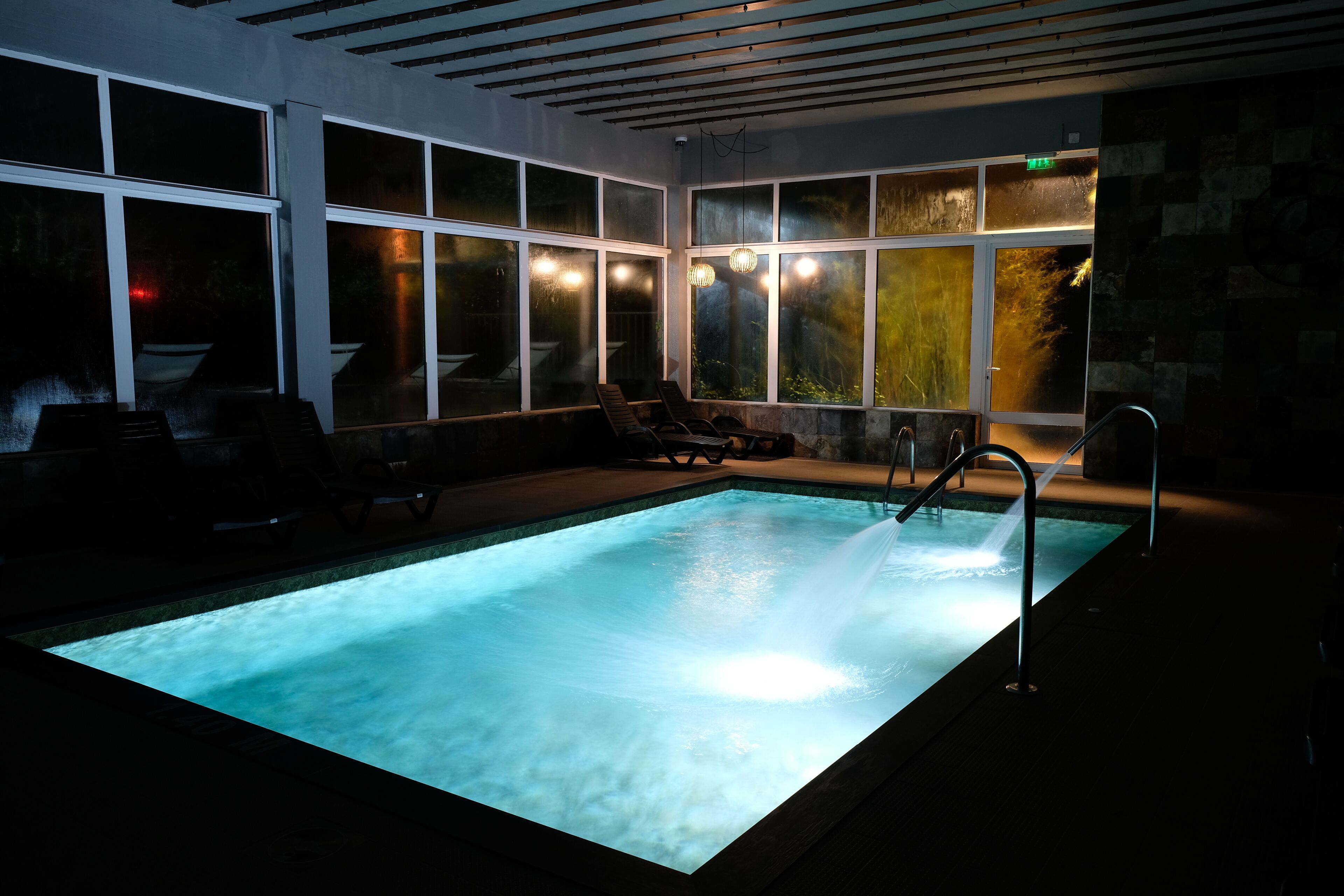 indoor pool, outdoor pool, open 10:30 am to 9:30 pm, pool loungers