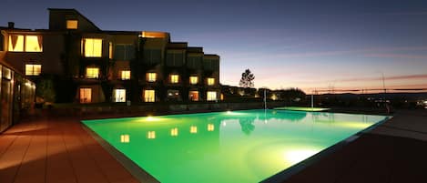 Indoor pool, outdoor pool, open 10:30 AM to 9:30 PM, pool loungers