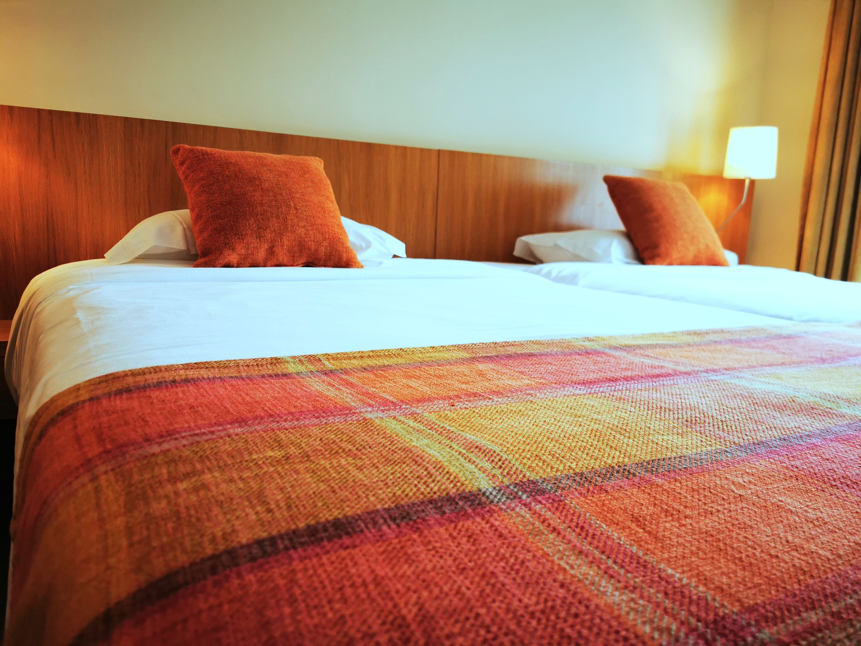 A hotel room with a large bed, two pillows, a colorful blanket, and a nightstand with a lamp.
