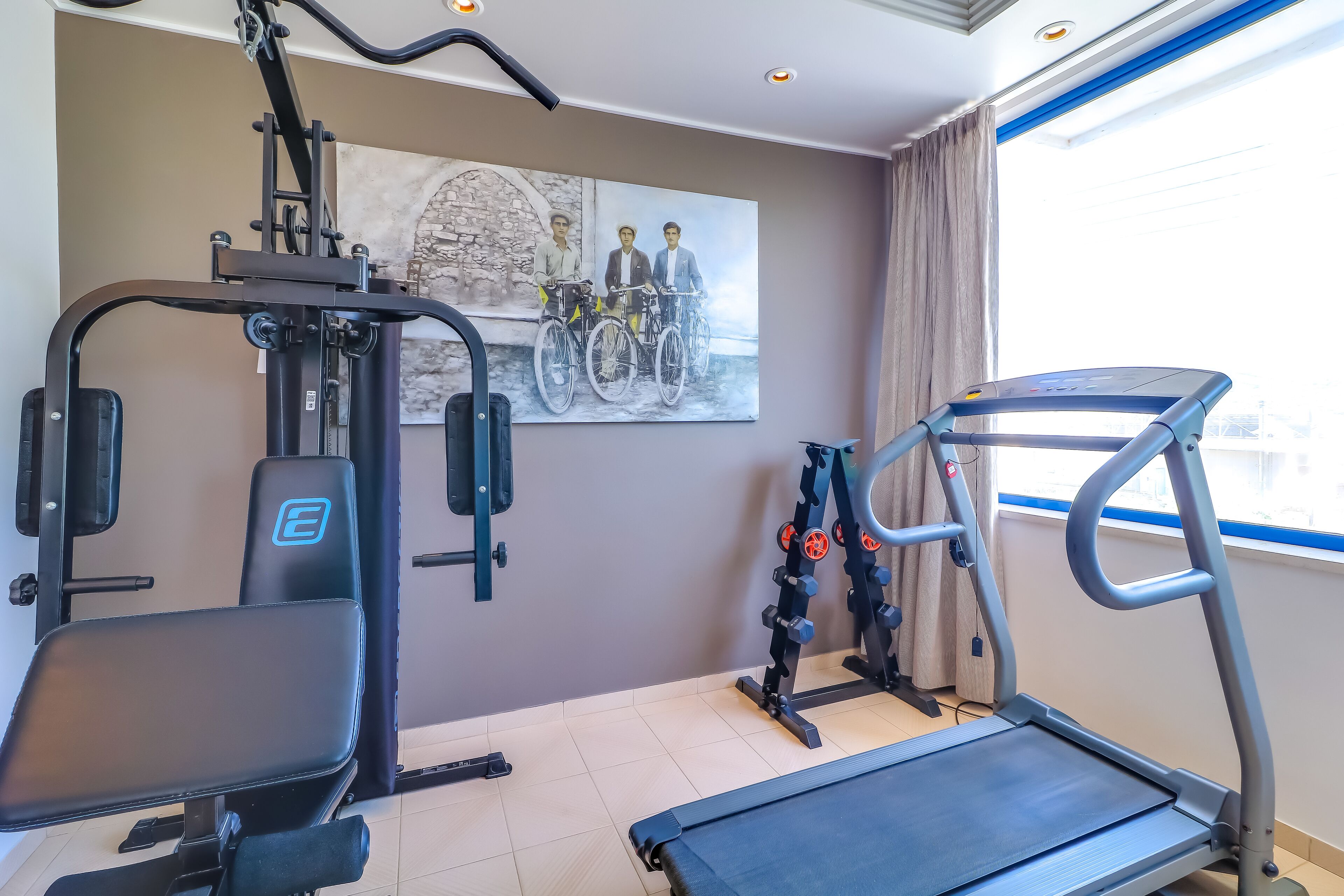 A gym with a bench press, a cable machine, and a treadmill.