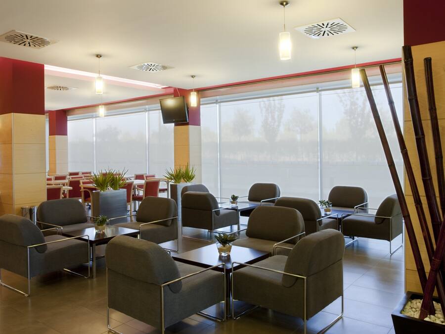 A modern dining area with tables and chairs, large windows, and decorative plants.