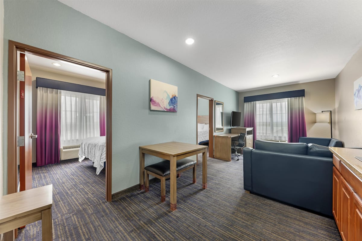 Habitación de hotel con cama, escritorio, silla, sofá, televisión y un cuadro en la pared.