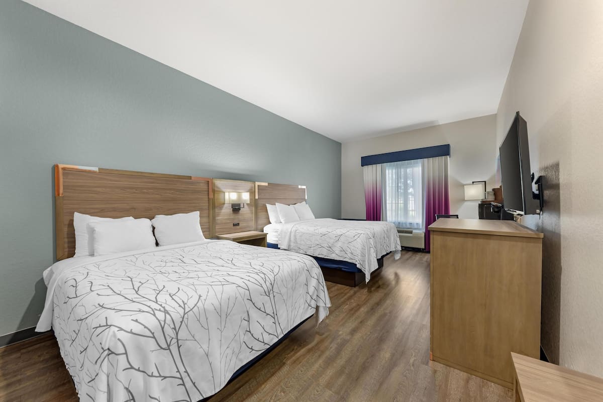 Habitación de hotel con dos camas, cabeceros de madera, un escritorio y una televisión.