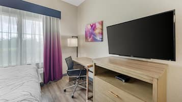 Desk, laptop workspace, blackout curtains, iron/ironing board
