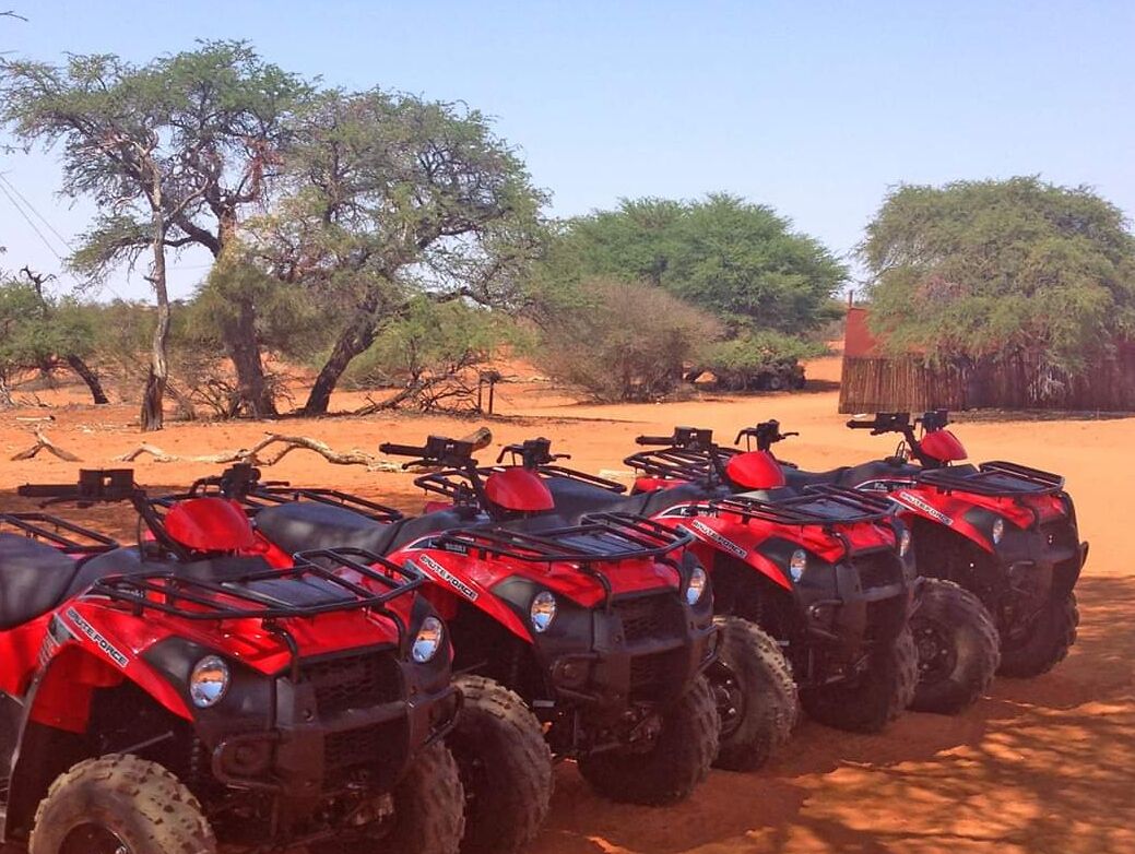 A row of red ATVs parked in a desert setting with sparse vegetation and a wooden structure in the background.