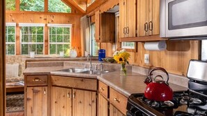 Une cuisine rustique aménagée dans une cabane en bois, avec un poêle, un évier et des placards.