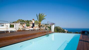 Outdoor pool, open 9 AM to 7 PM, pool umbrellas, pool loungers