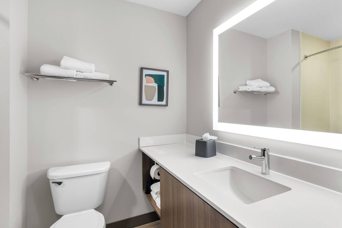 Combined shower/bathtub, designer toiletries, hair dryer, towels