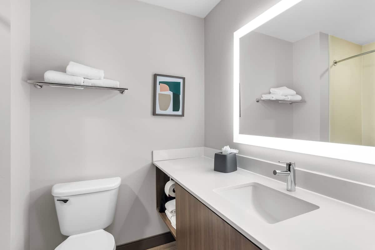 Combined shower/tub, designer toiletries, hair dryer, towels