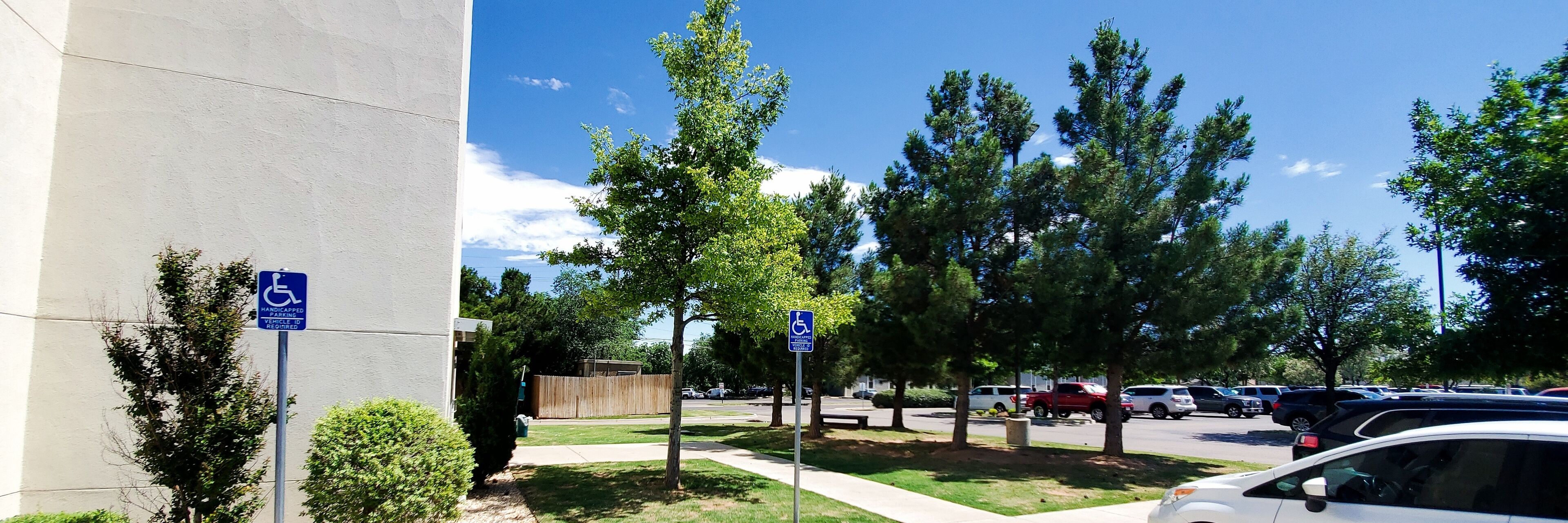 A parking area with handicap parking signs, a building with a white facade, and a row of parked cars.