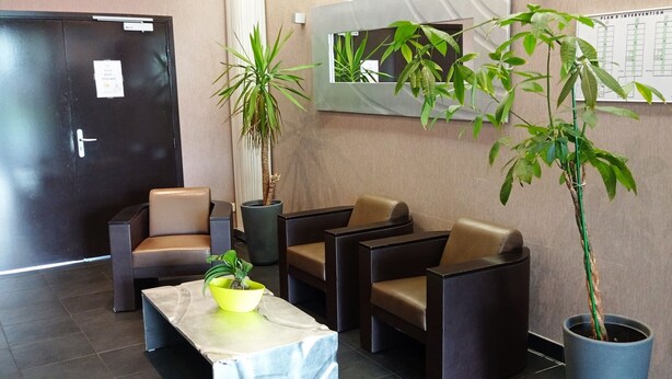 A reception area with a black door, two brown leather chairs, a small table with a yellow bowl, and two potted plants. - Résidence Hôtelière des Ondes (Saint-Lys)