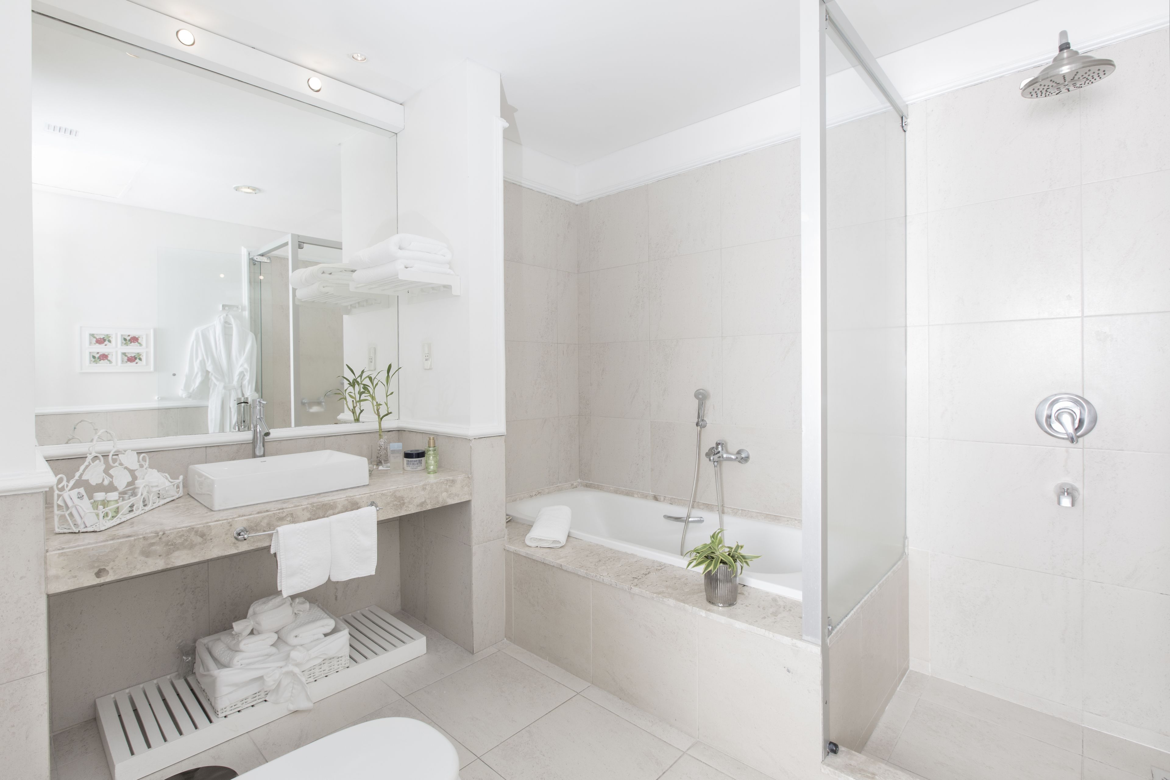 shower, rainfall showerhead, hair dryer, slippers