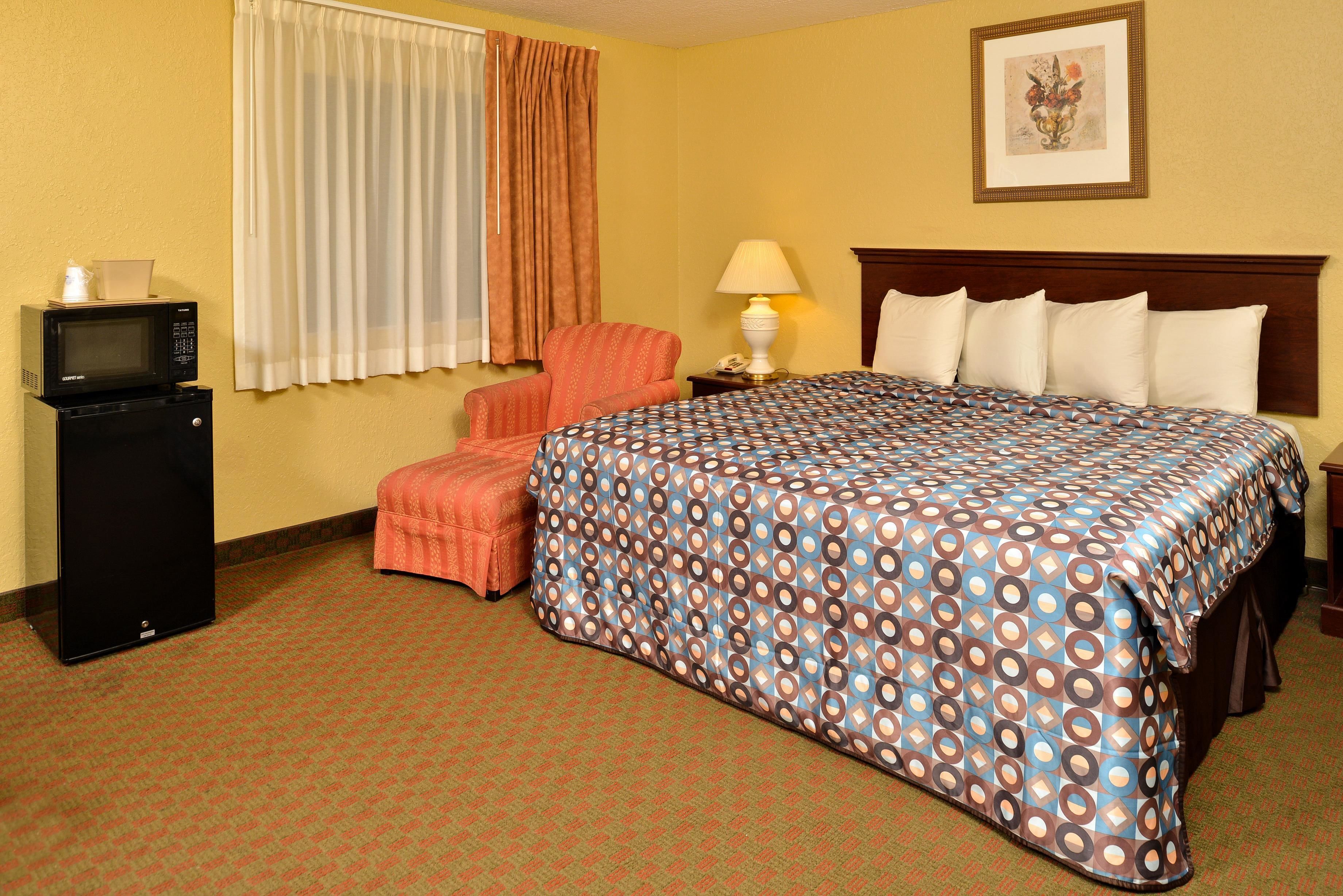 Une chambre d’hôtel avec un lit, une chaise, un bureau avec un four à micro-ondes, une lampe et un tableau encadré au mur.