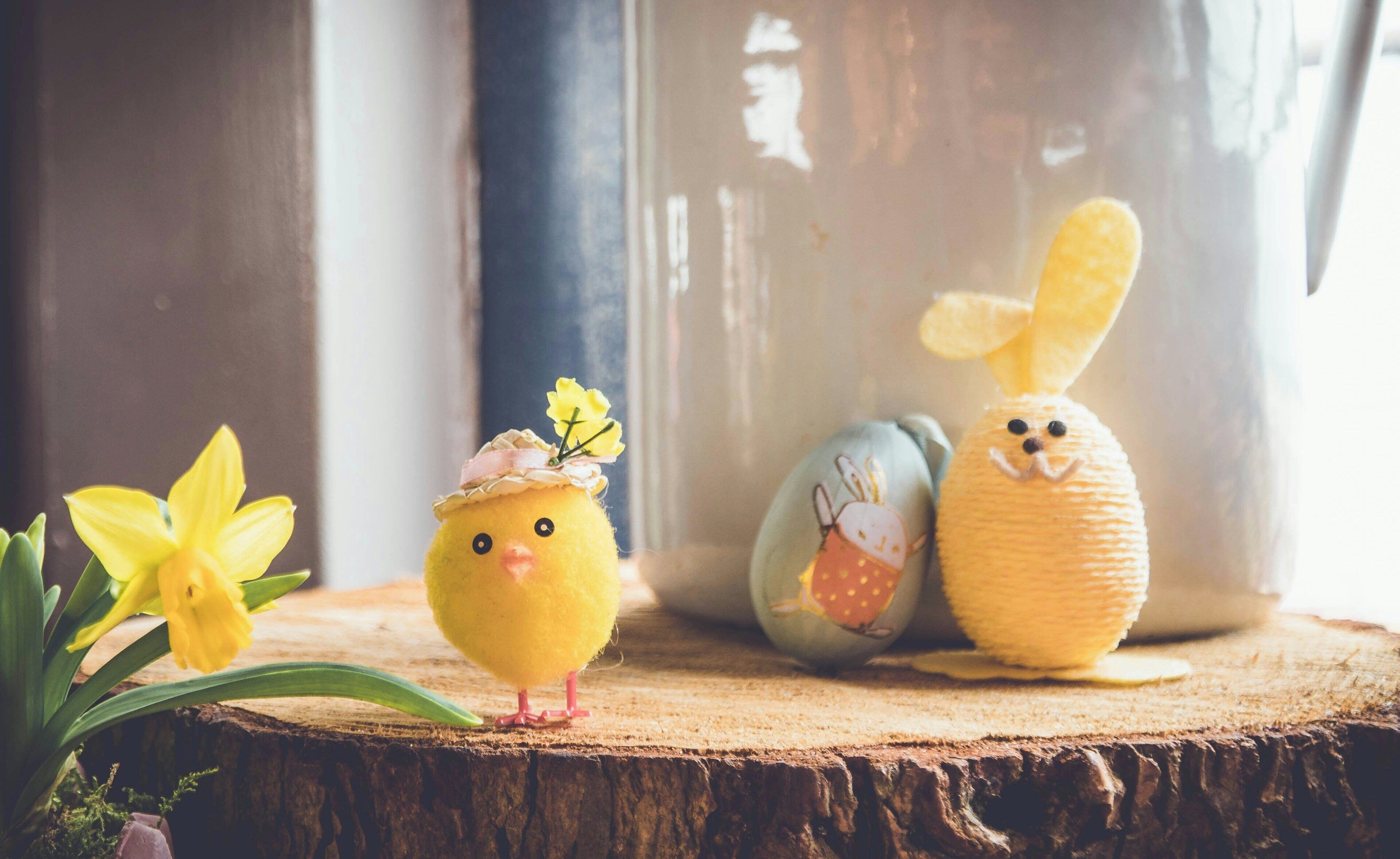 Une surface en bois ornée d’un poussin jaune, d’un lapin et d’une jonquille.
