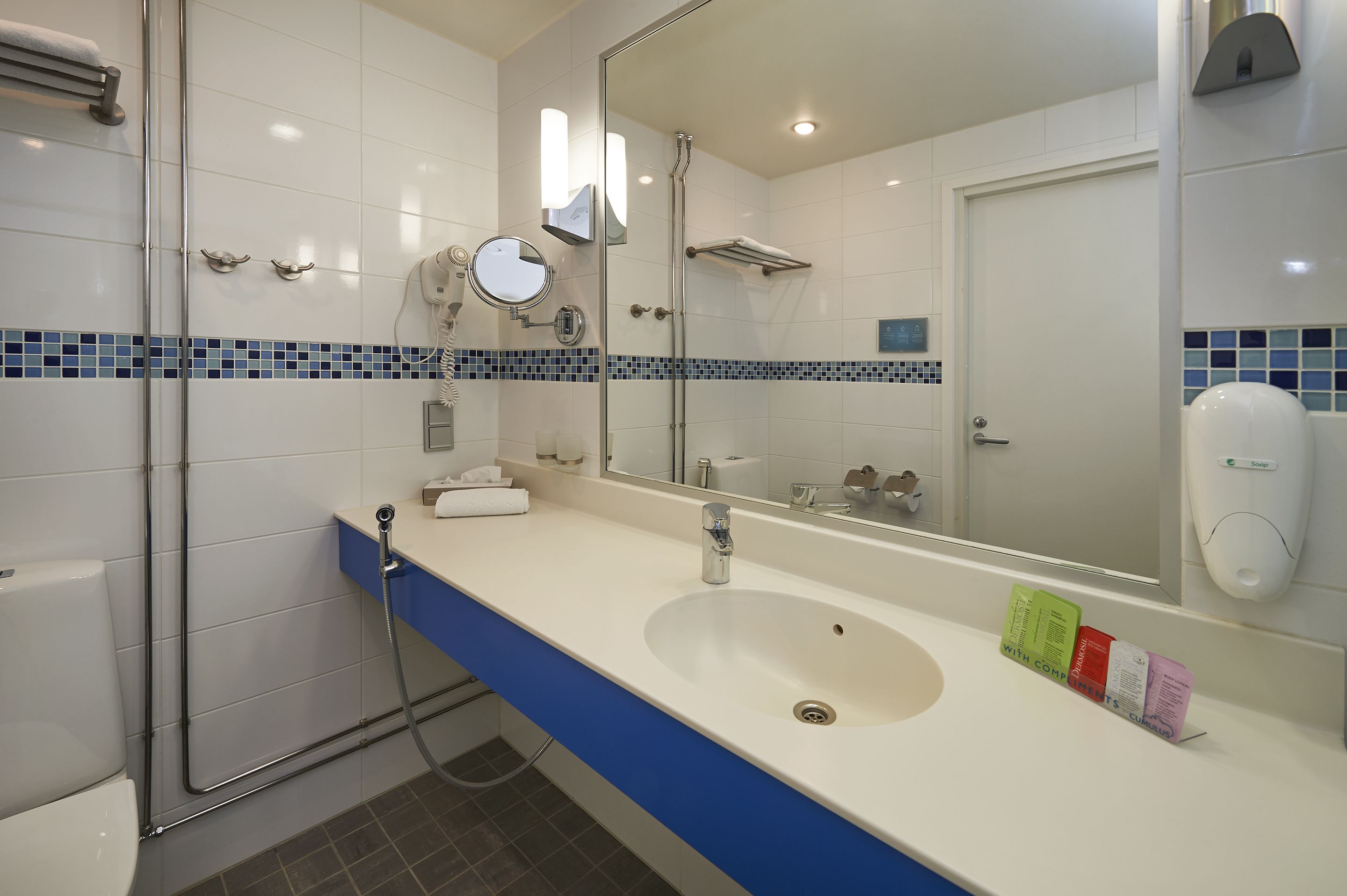 shower, hair dryer, bidet, towels