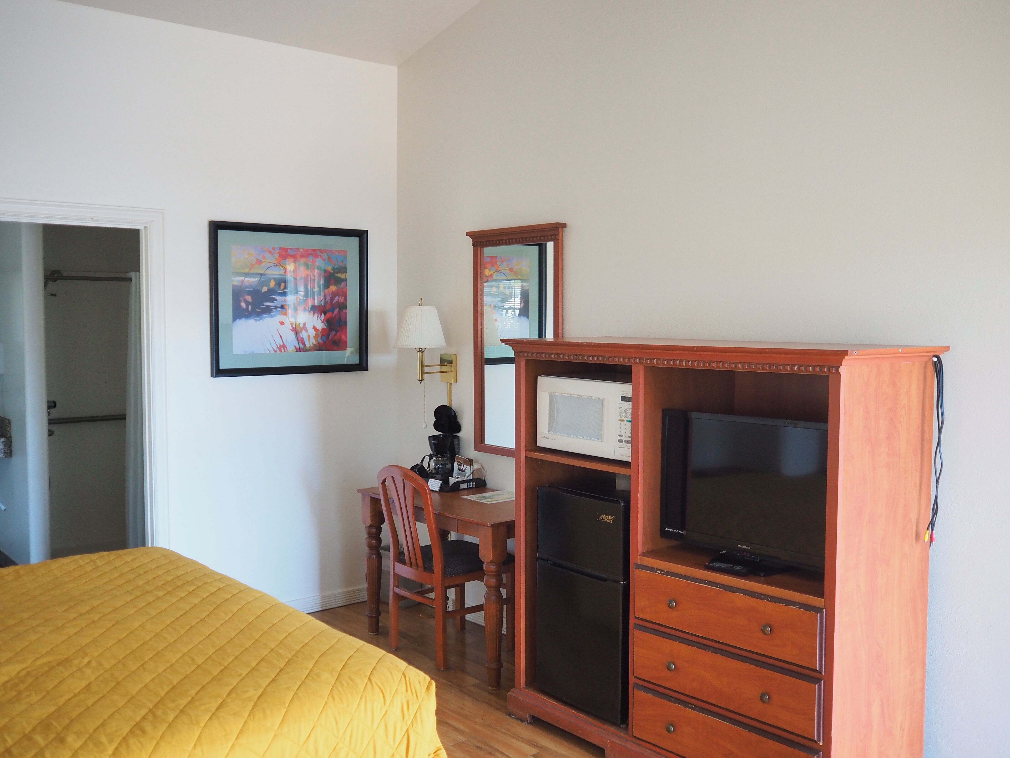 Quarto de hotel com cama, escrivaninha, cadeira, micro-ondas, frigorífico e televisão.