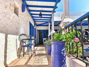 A covered outdoor area with a tiled floor, blue-framed windows, and potted plants.