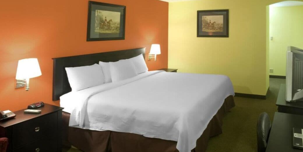 A hotel room with a bed, bedside tables, lamps, and artwork on the walls.