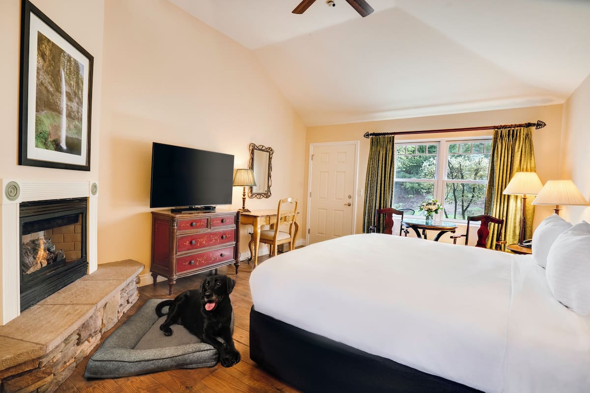 A hotel room with a fireplace, a bed, a television, a desk with a chair, and a window with curtains.