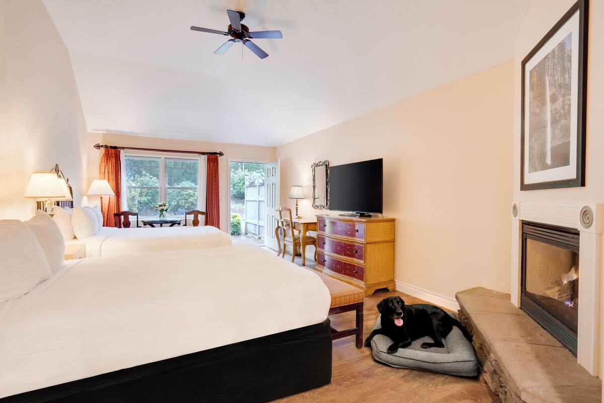 A hotel room with a large bed, a television, a fireplace, and a dog bed.