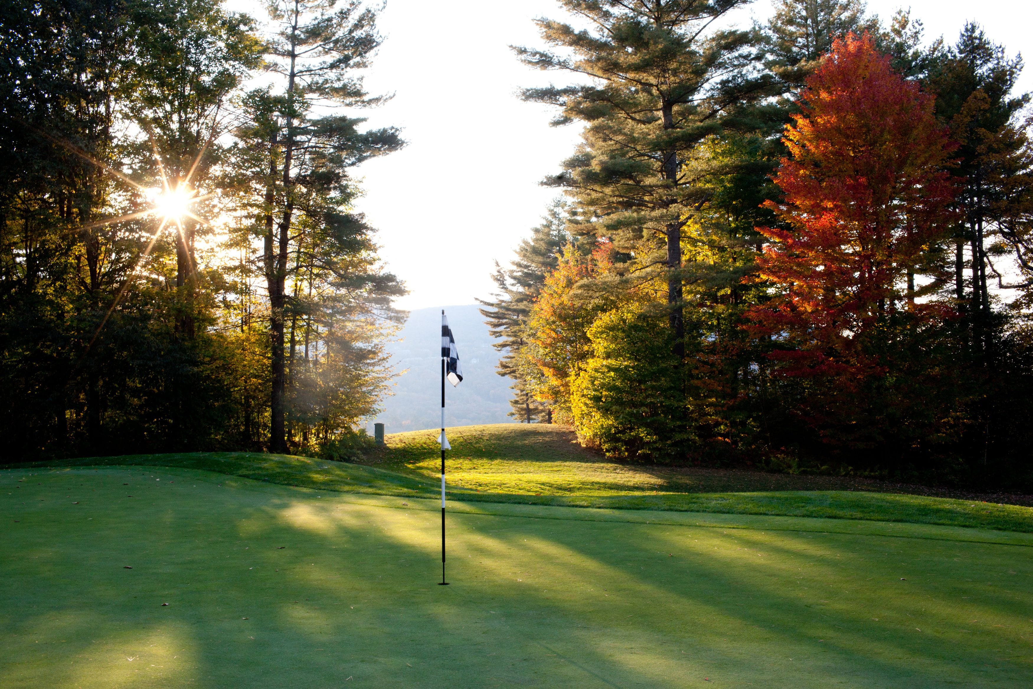 A golf course with a flagstick, surrounded by trees with autumn foliage, and a distant mountain view.