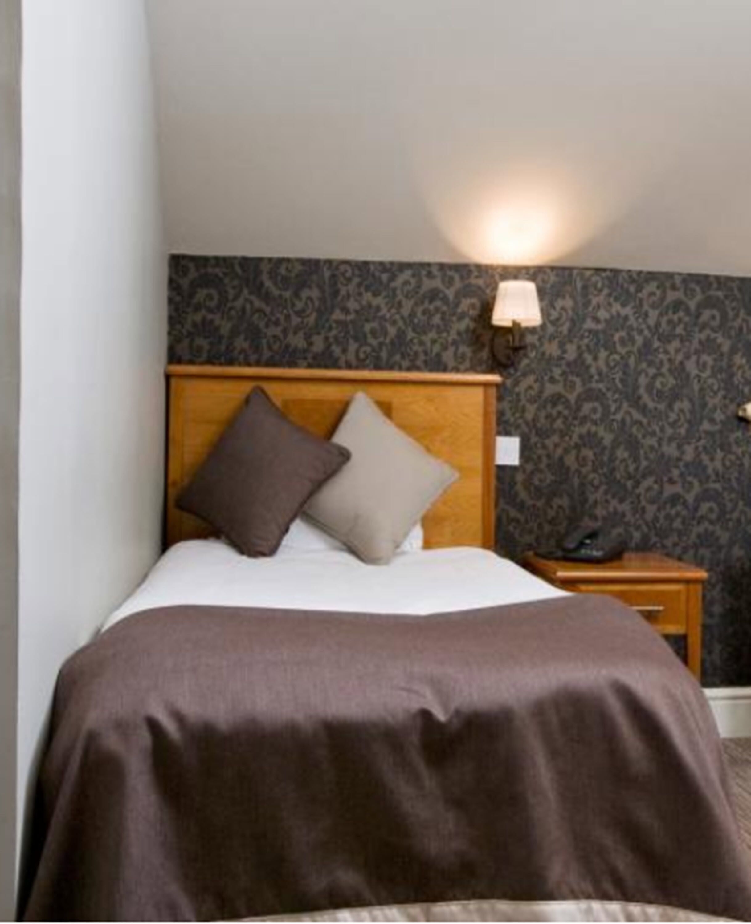A bed with a wooden headboard, two pillows, a brown bedspread, and a nightstand with a lamp.