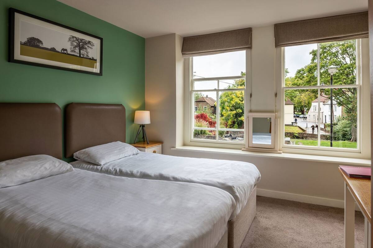 A room with two beds, a bedside table with a lamp, a window with a view of houses and trees, and a framed picture on the wall.