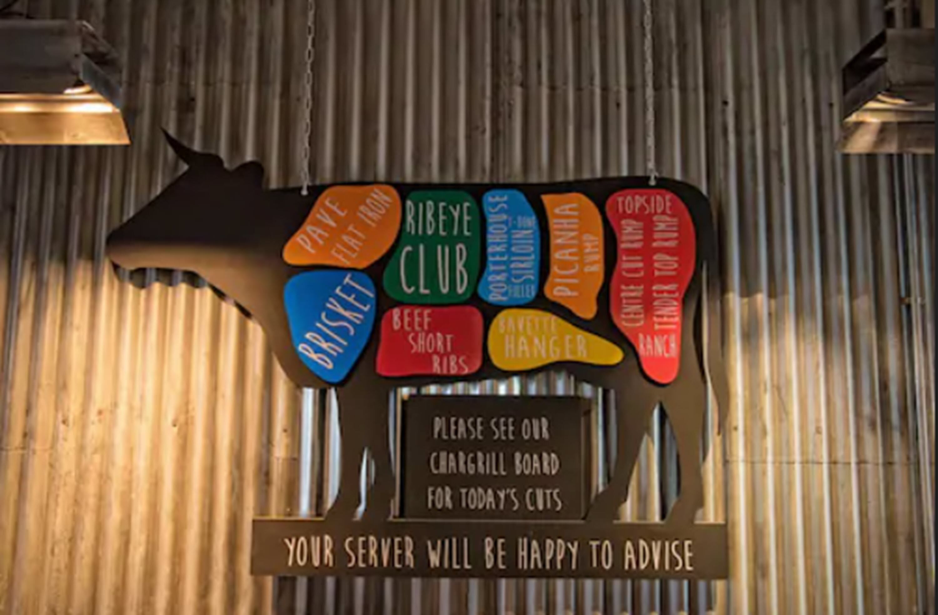 Ein Schild mit verschiedenen Speisen wie 'Beef Short Ribs' und 'Pecan Pie'.
