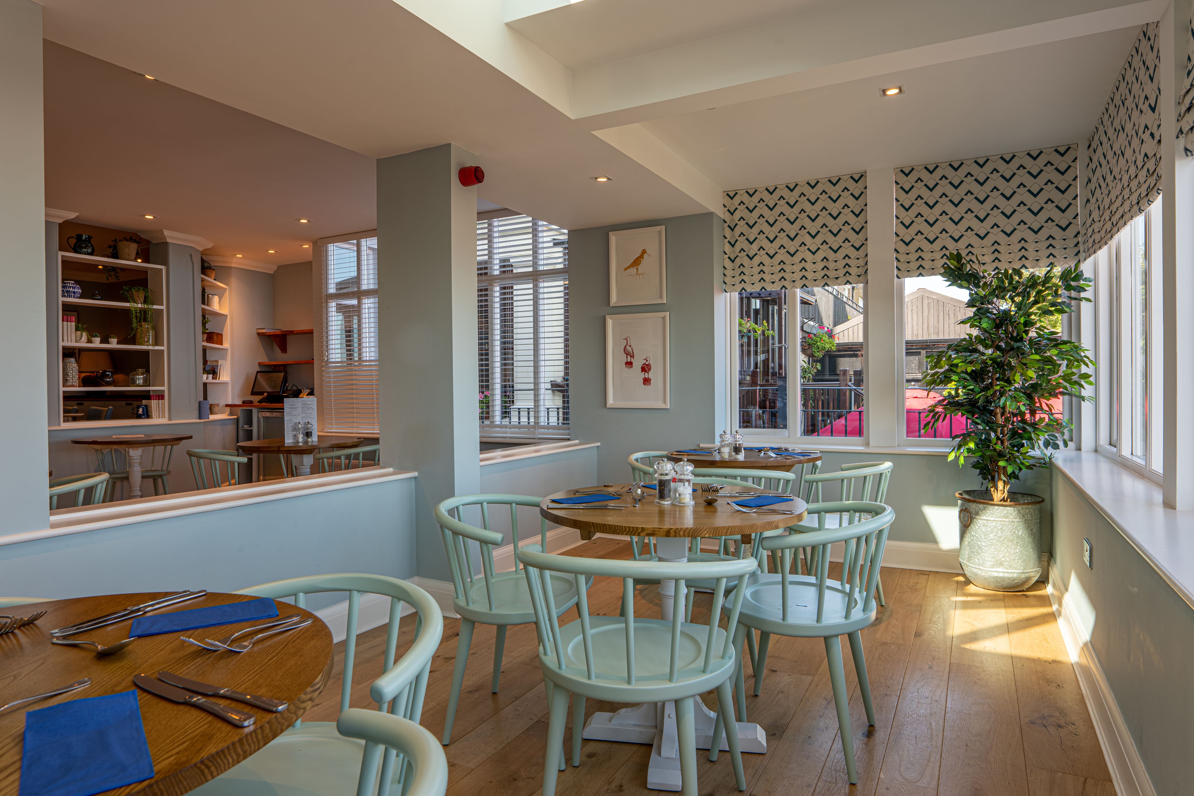 A dining area with light blue chairs, wooden tables, and a potted plant by the window.