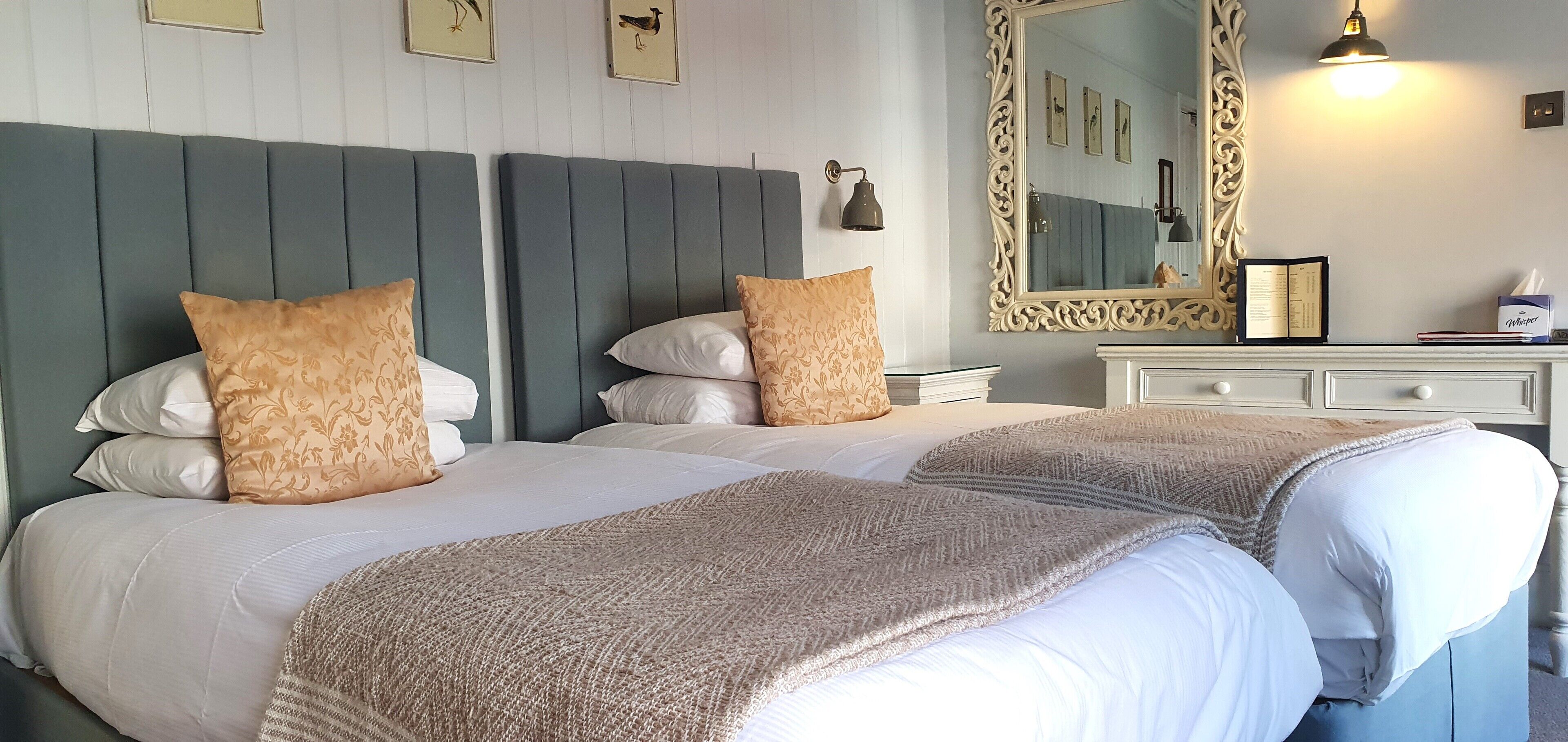 A double bed with two pillows, a bedside table with a lamp, a mirror, and a dresser with a book and tissues.