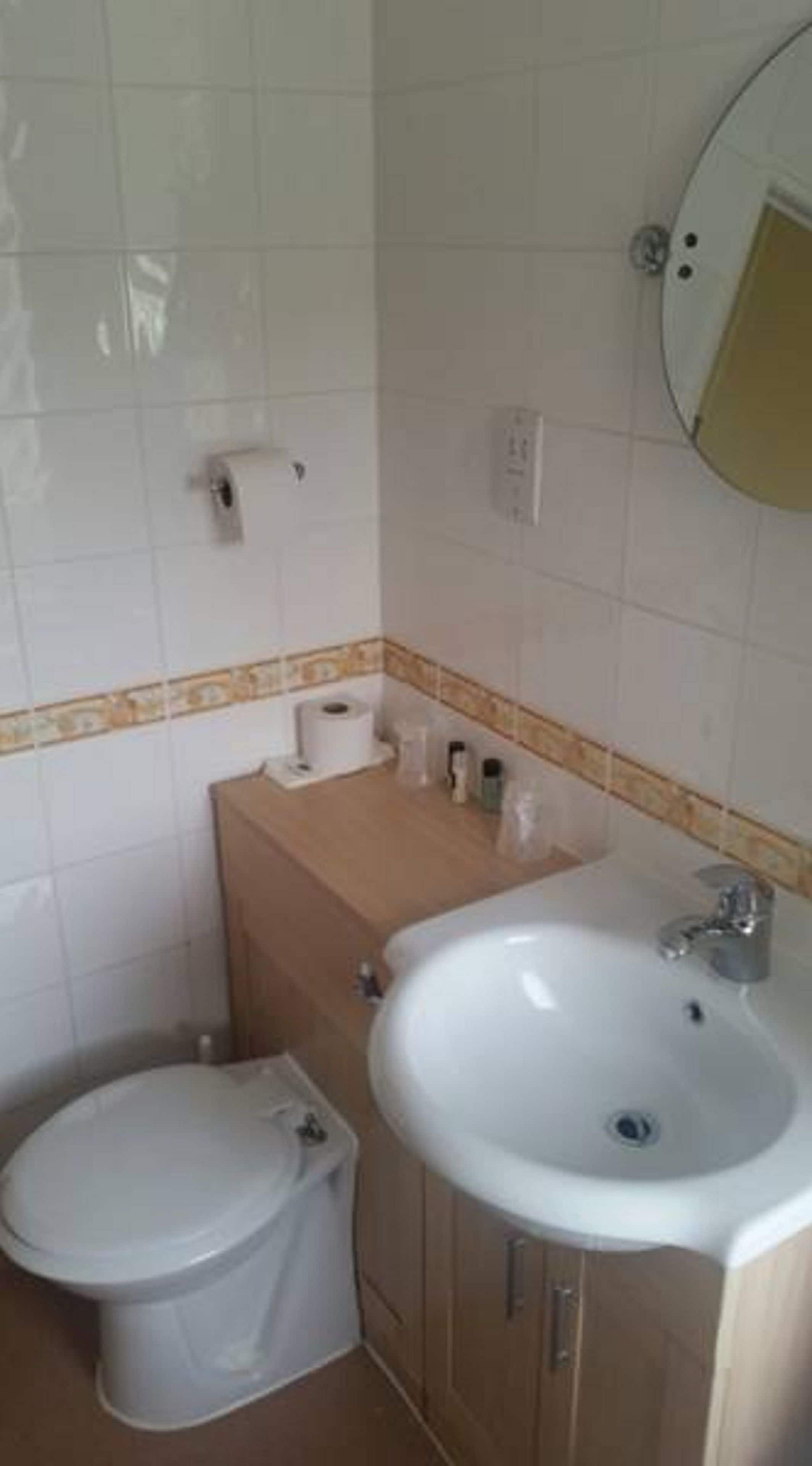 Un baño con inodoro, lavabo y espejo.