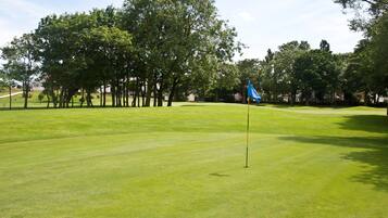 A well-maintained golf course with a flagstick in the foreground, surrounded by lush green grass and trees.