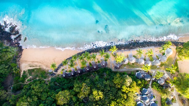 An aerial view of a beach resort with a sandy shoreline, palm trees, and a row of beach umbrellas. - Langley Resort Fort Royal (Deshaies)
